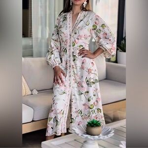 NWT Caroline Constas  Ivory Floral Print Linen Blend Dress  Sz XS